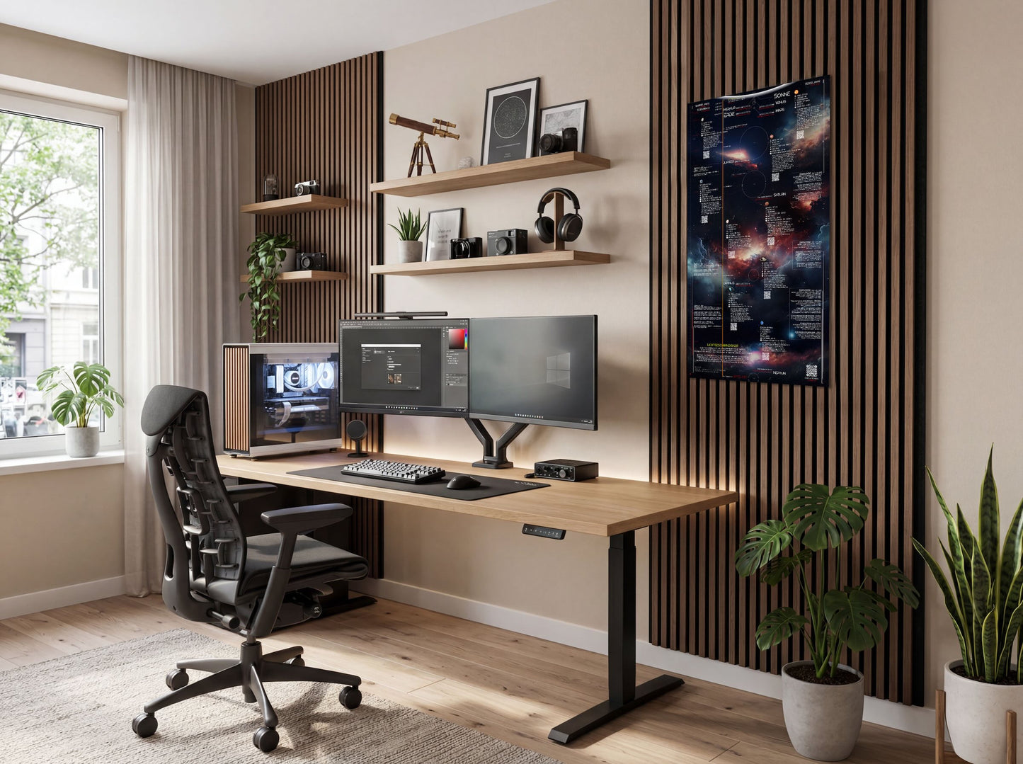Solar System Edition 2026 als Alu-Dibond Print in einem modernen Home Office mit Designer-Arbeitsplatz